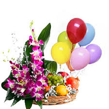 5 blown balloons with 8 orchids and 3 kg fruits in same basket