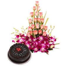 15 pink roses 6 orchids basket with 1/2 kg chocolate cake