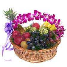 2 kg fruit basket with handle of basket decorated with orchids