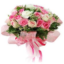30 pink white roses hand tied with pink wrapping