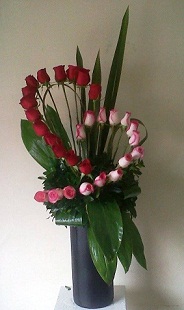 30 red and white roses spiral arrangement