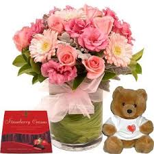 12 flowers vase with teddy and chocolate box