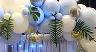 White air blown balloons with string lights and flowers inbetween