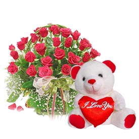 24 red roses in basket with Valentine heart and Teddy