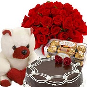 12 roses and 16 Ferrero rocher, Teddy with 1/2 Kg Cake