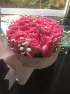 40 Pink Roses in a silver round box with ribbon