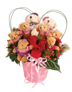 8 Teddies (6 inches each) and 3 red roses in same basket