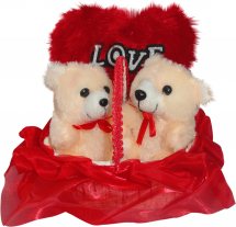 2 Teddies and Valentine heart in same basket Gift wrapped in red