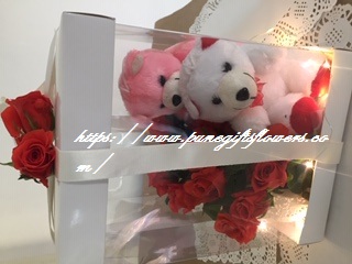 Luxury Transparent gift box with orange flowers and two 6 inch teddies and fairy lights